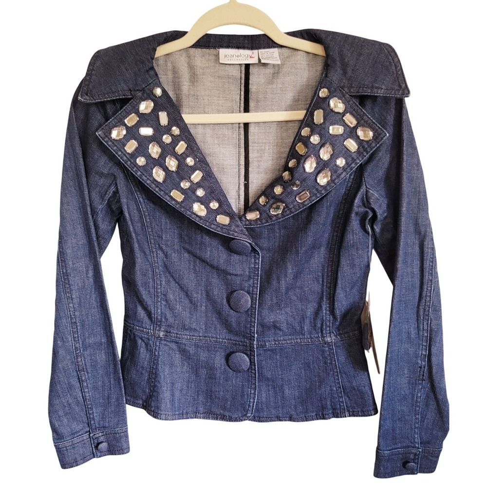 Jeaneology Collection 2 Denim Jacket Beaded Snap Closure Wide Collar‎ NWT